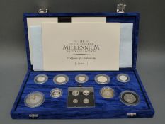 Royal Mint UK Millennium silver coin collection of 13 silver proof coins including Maundy set,