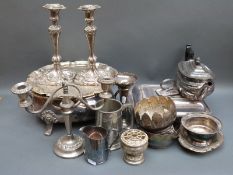 A collection of plated ware including a jardiniere with liner, pair of candlesticks, Walker & Hall,