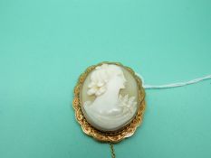 A Victorian cameo of a lady with a yellow metal surround.