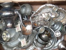 A quantity of silver plate and other metalware including candlesticks marked sterling, teaware,
