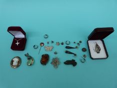 A collection of silver brooch to include filigree, pressed amber brooch, banded agate earrings,