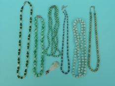 Five quartz/ jadeite beaded necklaces,