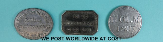 Three 19th century Orkney Church tokens