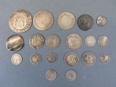 A cachet of small silver coins to include William IV 1 ½d, Victoria 1½d Napoleon, 1770 2 Reales,