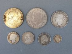 1845 half crown, 1937 crown, mounted Georgian crown,