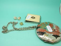 A pair of yellow metal and pearl earrings, gold clasp, silver watch chain,