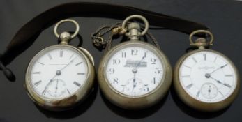 Three white metal gentleman's open faced pocket watches,