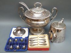 A silver plated soup tureen and ladle height 25cm, two sets of plated spoons,