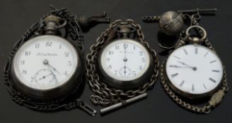 Three silver and white metal open faced pocket watches, two with subsidiary seconds dials,