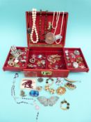 A white metal filigree butterfly, ruby necklace, 9ct gold ring set with citrine, ivory beads,