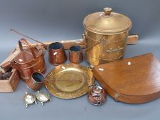 A quantity of copper and brassware to include copper watering can, brass key, cider measures,