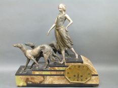 Laurie Mazingarbe Art Deco c1900 figural mantel clock in three coloured slate, onyx and marble case,