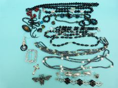 French jet necklace, agate necklace, brooches, pearl and jet,