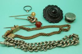 Two Victorian watch chains, yellow metal stick pin in the form of a knot, 15ct gold stick pin,