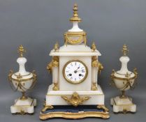 J W Carr Paris C Napoleon III style three piece alabaster/onyx clock garniture with gilt brass