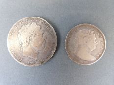 George III 1820 F crown, together with a F bull head 1816 half crown,
