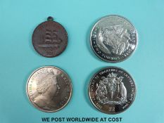 Three Antarctic Territory £2 crown sized coins together with a Captain Scott 1902 medallion coin