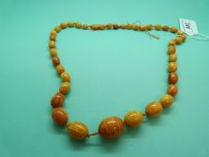 An amber necklace made up of oval graduated egg yolk coloured beads, 61g.