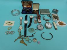 A collection of jewellery to include rolled gold rings, cigarette case, pocket watches,