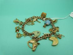 A 9ct gold charm bracelet with 15 yellow metal/9ct gold charms including dolphin, horse shoe,