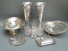 A pair of large silver plated trumpet vases, height 29cm, cruet set,