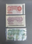 Three UK bank notes comprising Peppiatt mauve ten shillings Beale green one pound and an O'Brien