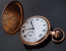 A gold plated full hunter keyless winding pocket watch with subsidiary seconds dial,