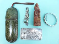 A Chinese white metal plaque/pendant with dog of fo decoration, hallmarked silver bracelets,