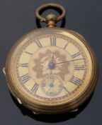 A gold plated pocket watch with subsidiary seconds dial, Roman numerals,