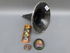 A box containing four HMV tins of gramophone needles - soft to extra loud,