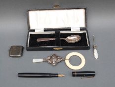 Hallmarked silver vesta, hallmarked silver baby's rattle and teething ring,