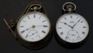 Two silver open faced pocket watches one Kay's Keyless 'Triumph' with subsidiary seconds dial,