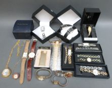 A collection of various wrist and pocket watches together with a Colibri lighter,