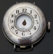 A silver half hunter military style wristwatch with black enamel numerals to the outer case,
