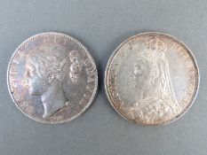 Queen Victoria young head 1844 wreath reverse toned VF together with an 1889 Jubilee example