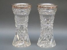 A pair of George V hallmarked silver rimmed cut glass vases, maker's mark indistinct,