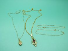 Two 9ct gold necklaces, one with a coffee bean pendant together with two 9ct gold bracelets,