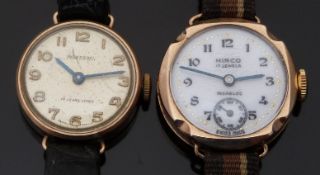 Two 9ct gold ladies wristwatches, a Hirco with Arabic numerals, inset subsidiary seconds dial,
