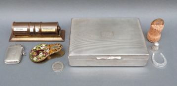 A hallmarked silver vesta, a silver thimble, plated cigarette box,