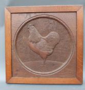 Carved wooden plaque depicting a cockerel with script verso. Partrige (sic) Wyandotte Cock.