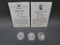 Two Australian silver 25 dollar coins and a Cook's Pacific Voyages 10 dollar example, 38.