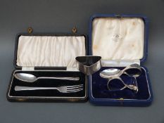 A cased Mappin & Webb hallmarked silver spoon and pusher christening set,