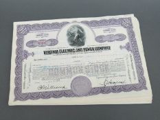 Approximately 100 Virginia Electric and Power Company USA share certificates stamped with various