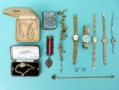 A collection of jewellery to include silver medal, silver book cover, silver watch, faux pearls,