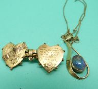 A 9ct gold mizpah bar brooch and a 9ct pendant and chain set with a faux opal