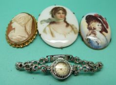 A 9ct gold mounted cameo, two portrait miniatures and a ladies cocktail watch.
