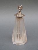 A Victorian novelty hallmarked silver spice or chilli condiment with cut glass bottle and a silver