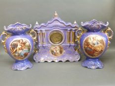 A c1900 continental ceramic clock garniture depicting courting couple,