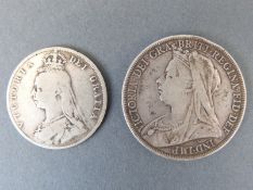 Victoria veiled head 1894 crown LVIII together with an 1887 jubilee head half crown