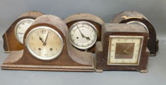 Five mantel clocks suitable for the restorer to include a two train Smiths example,